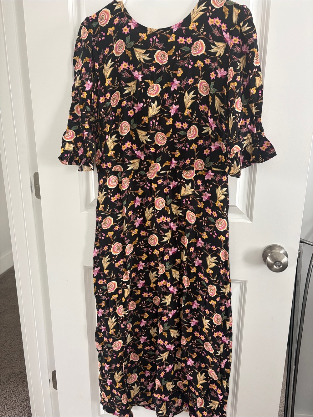 LOFT Black Midi Dress with Pink and Cream Floral Print